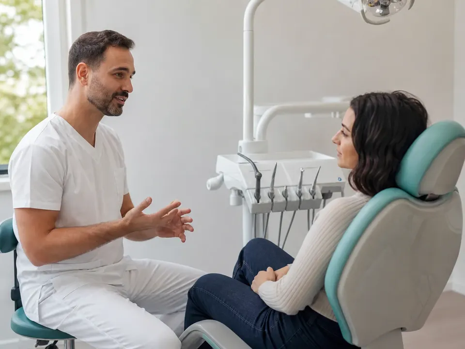 Lekarz dentysta rozmawia z nową pacjentką przy fotelu stomatologicznym